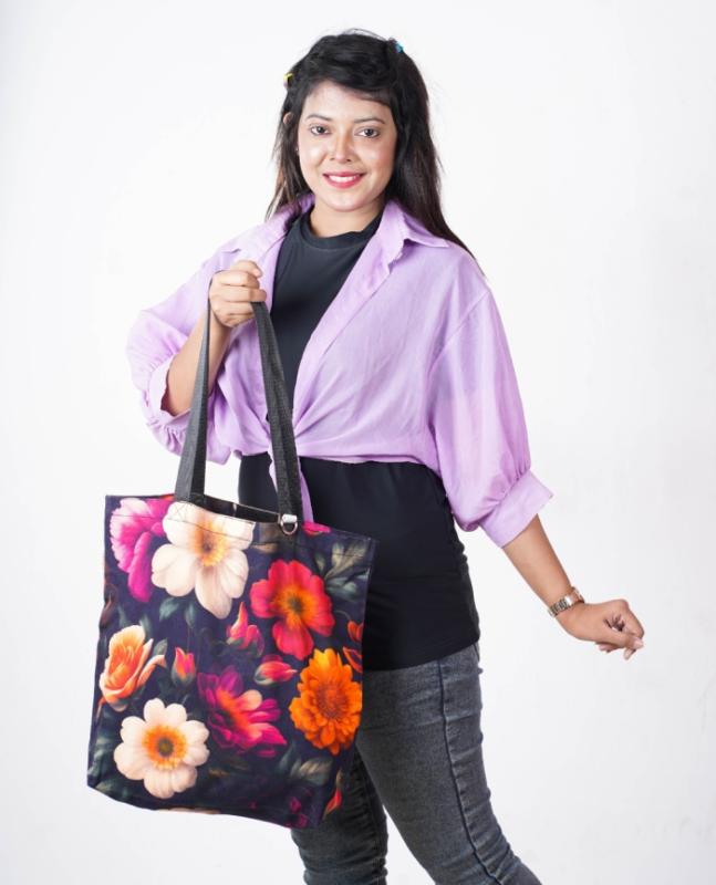 Beautiful Floral Printed Tote Bag - Elegant, eco-friendly cotton bag with vibrant floral design, perfect for shopping, daily errands, or as a stylish accessory. Made by Tamanbazar.